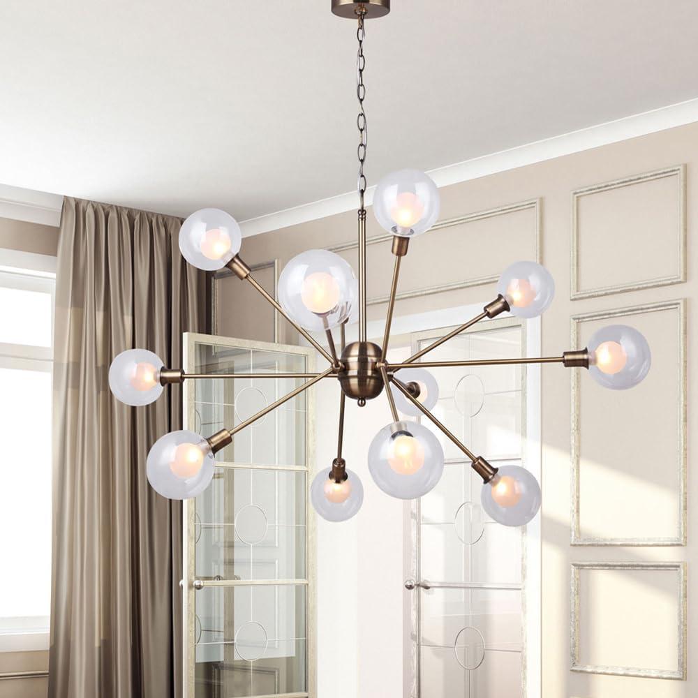 Gold Sputnik 12-Light Chandelier with Double Glass Shades