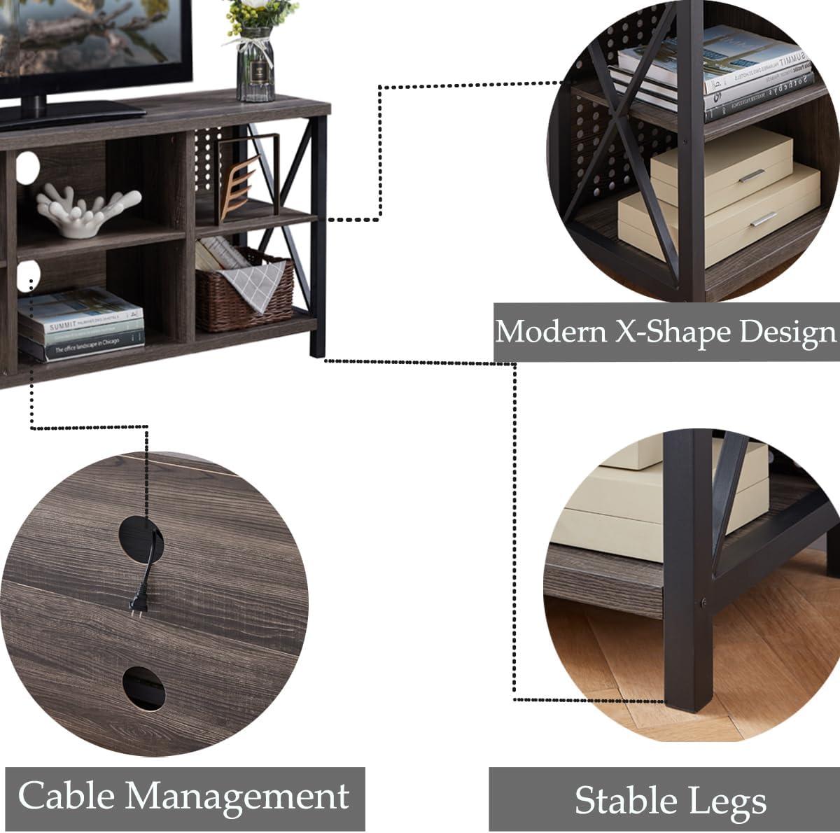 IBF TV Stand for 70 Inch TV, Rustic Industrial Entertainment Center, Large Television Stands for Living Bedroom, Long Wood Metal TV Table Stand with Media Console Cabinet Storage, Dark Gray Oak, 59 In
