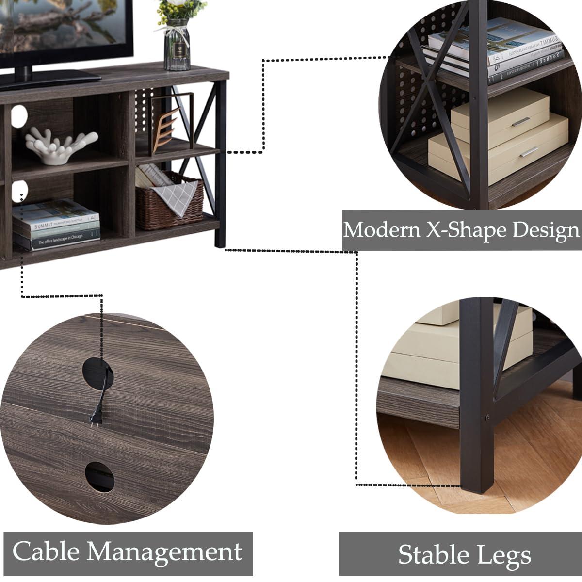 IBF TV Stand for 70 Inch TV, Rustic Industrial Entertainment Center, Large Television Stands for Living Bedroom, Long Wood Metal TV Table Stand with Media Console Cabinet Storage, Dark Gray Oak, 59 In