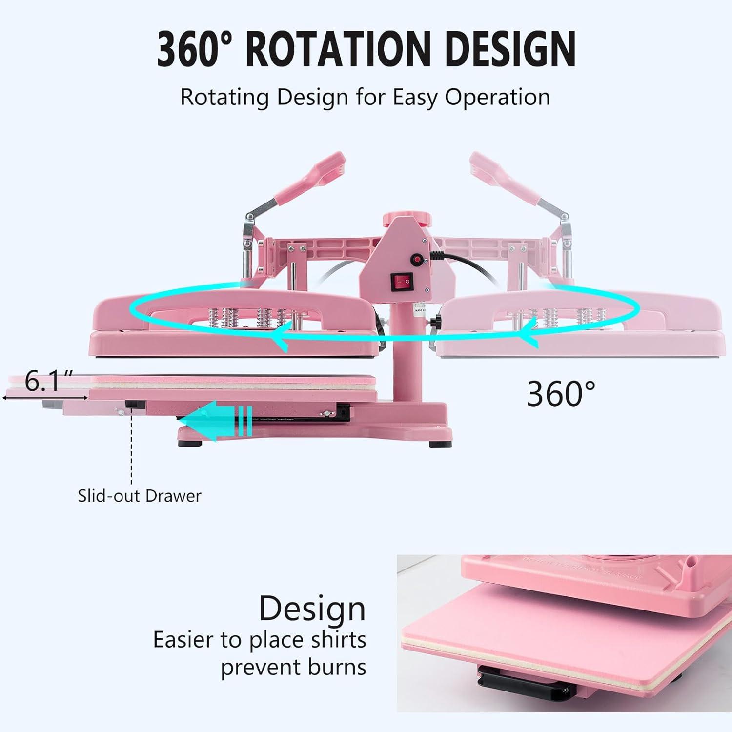 Pink 15x15 Inch 5-in-1 Heat Press Machine with Tumbler Attachments