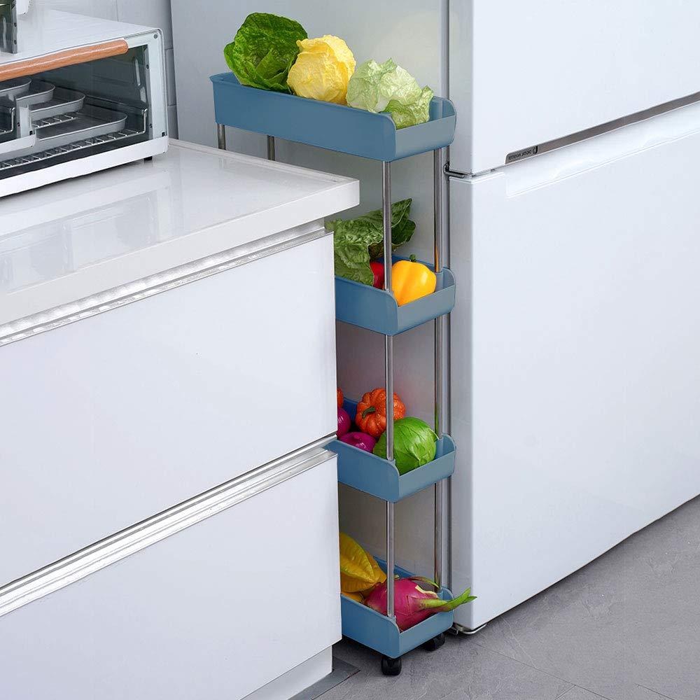 Melody House 4-Tier Slim Storage Cart, Navy Blue, Easy to Install, Durable Plastic and Stainless Steel Shelving Unit, Ideal for Small Spaces