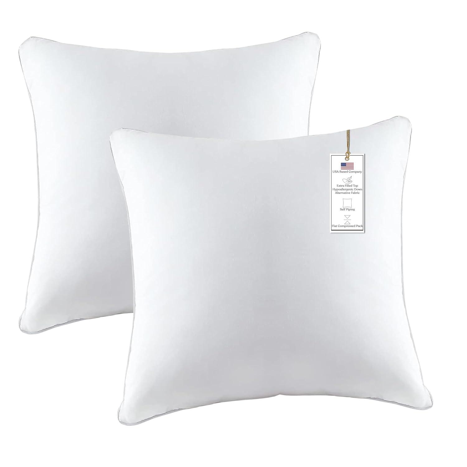 A1 Home Collections Throw Pillow Insert Hypoallergenic Down Alternative Extra Filled, (Pack of 2), Square, 16x16 Inches Bed and Couch Pillows - Indoor Decorative Pillows, White