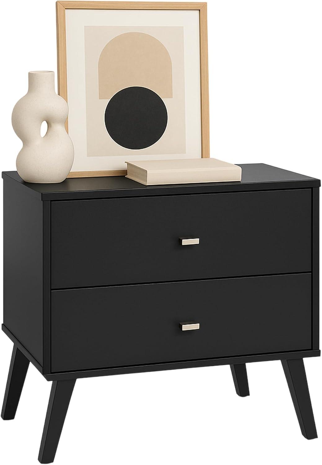 Mid Century Modern 2 Drawer Wide Nightstand Black - Prepac: Sleek Bedside Furniture, Tapered Legs
