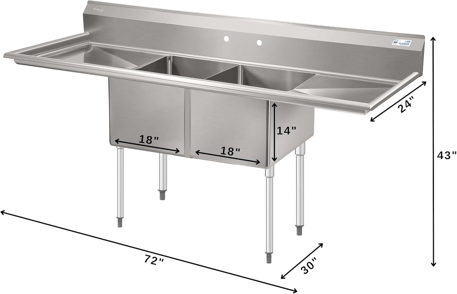 72" Stainless Steel Commercial Sink with Dual Drainboards