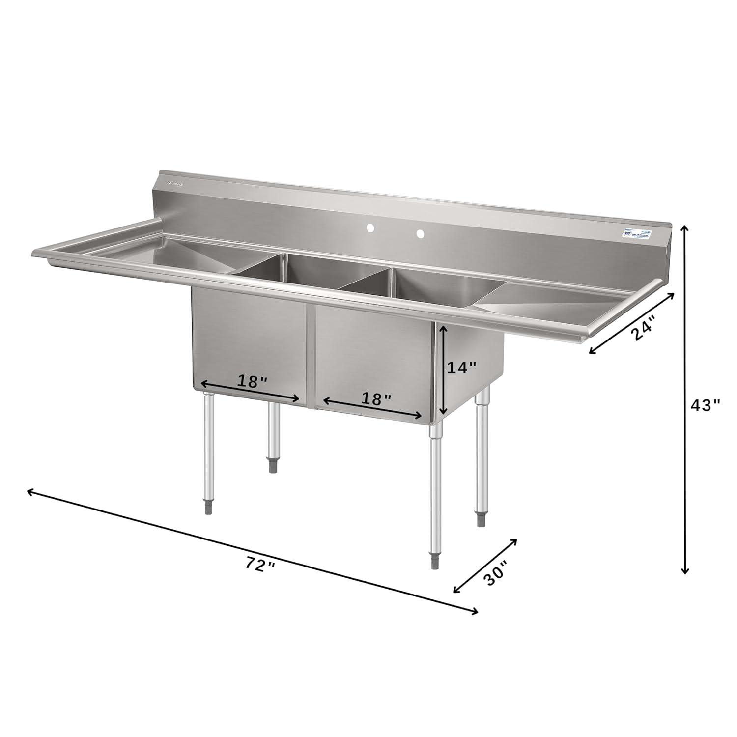 72 in. 16-Gauge Commercial Sink with Backsplash and Dual 18 in. Drainboards, Bowl Dimensions 18"x18"x14" in Stainless-Steel (KM-SB181814-18B316)