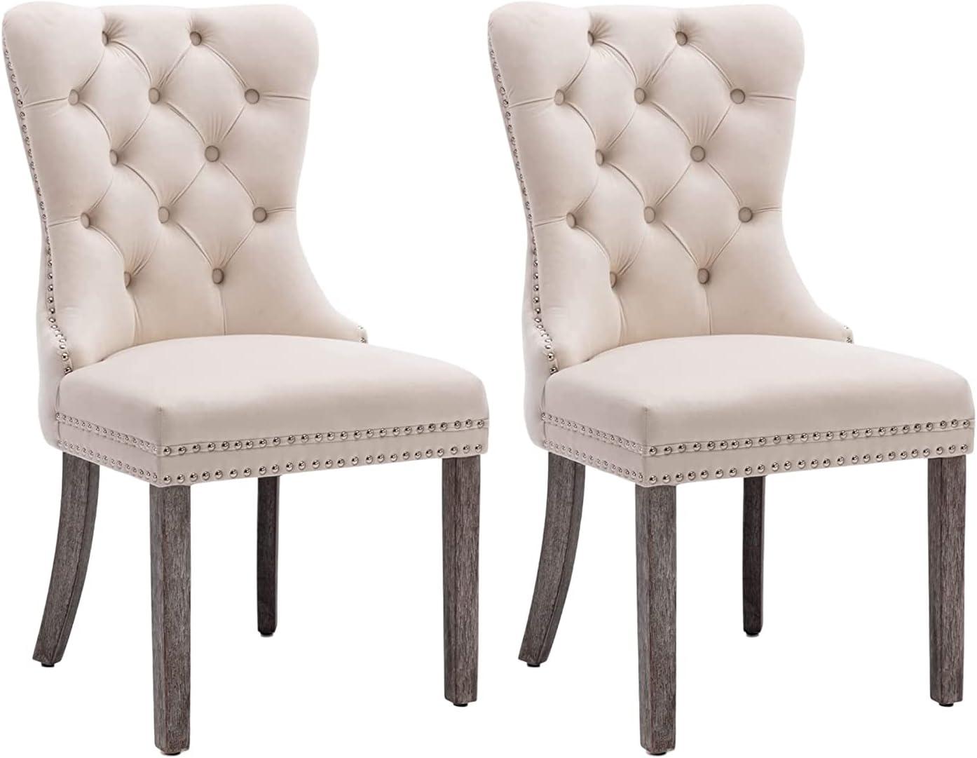 BELLEZE Upholstered Dining Chairs Set of 2, Velvet Luxury Dining Room Chairs with Button Back, Nailhead Trim, Pull-ring, Solid Wood Legs for Kitchen, Living Room, Restaurant - Chandler (Beige)