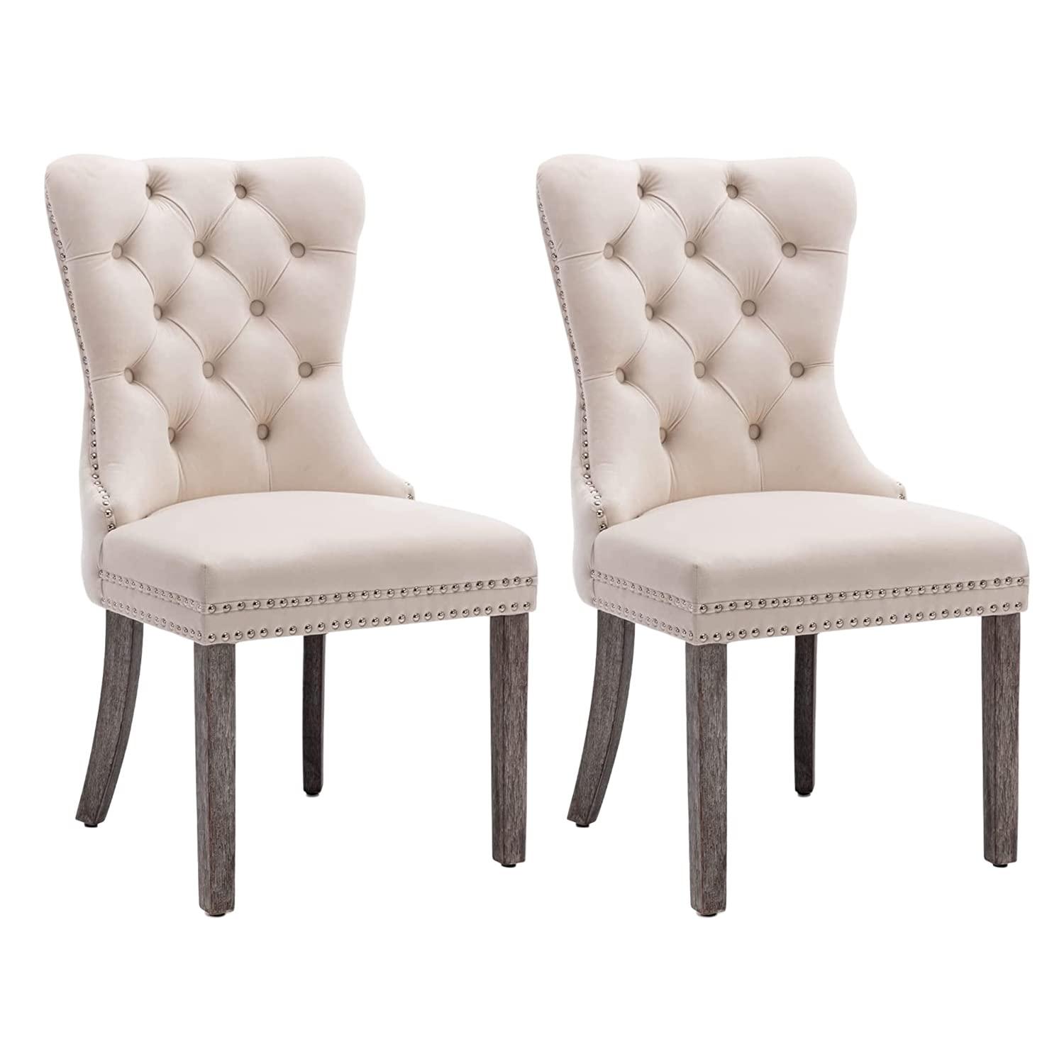 BELLEZE Upholstered Dining Chairs Set of 2, Velvet Luxury Dining Room Chairs with Button Back, Nailhead Trim, Pull-ring, Solid Wood Legs for Kitchen, Living Room, Restaurant - Chandler (Beige)