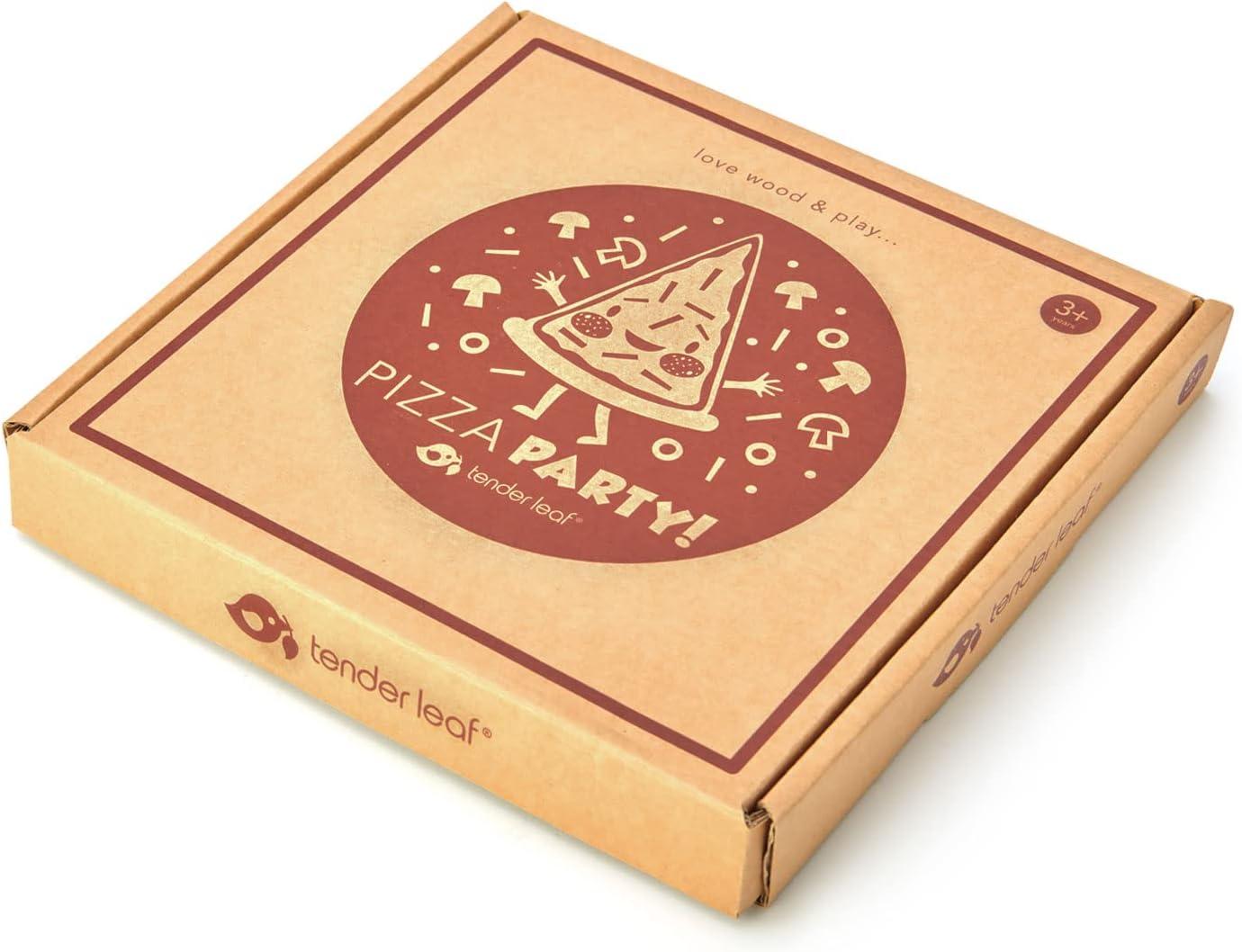 Tender Leaf Toys - Pizza Party - 6 Slices of Realistic Pizza Toy Set with 12 Different Toppings, Kraft Card Take-Out Box Included - Pretend Play Food for Kids - 3+