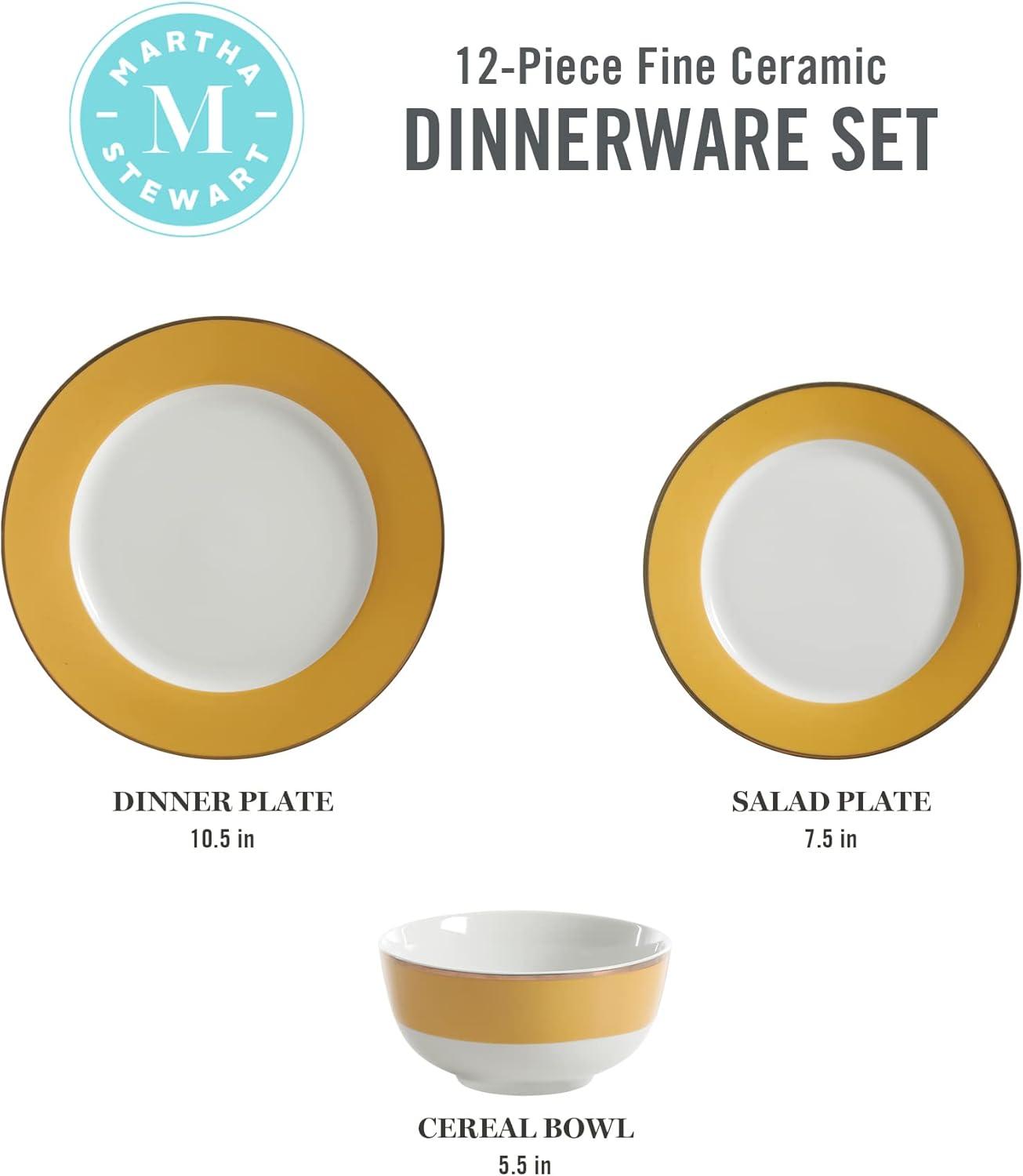 Gold Rimmed Yellow Porcelain Dinnerware Set, Service for 4