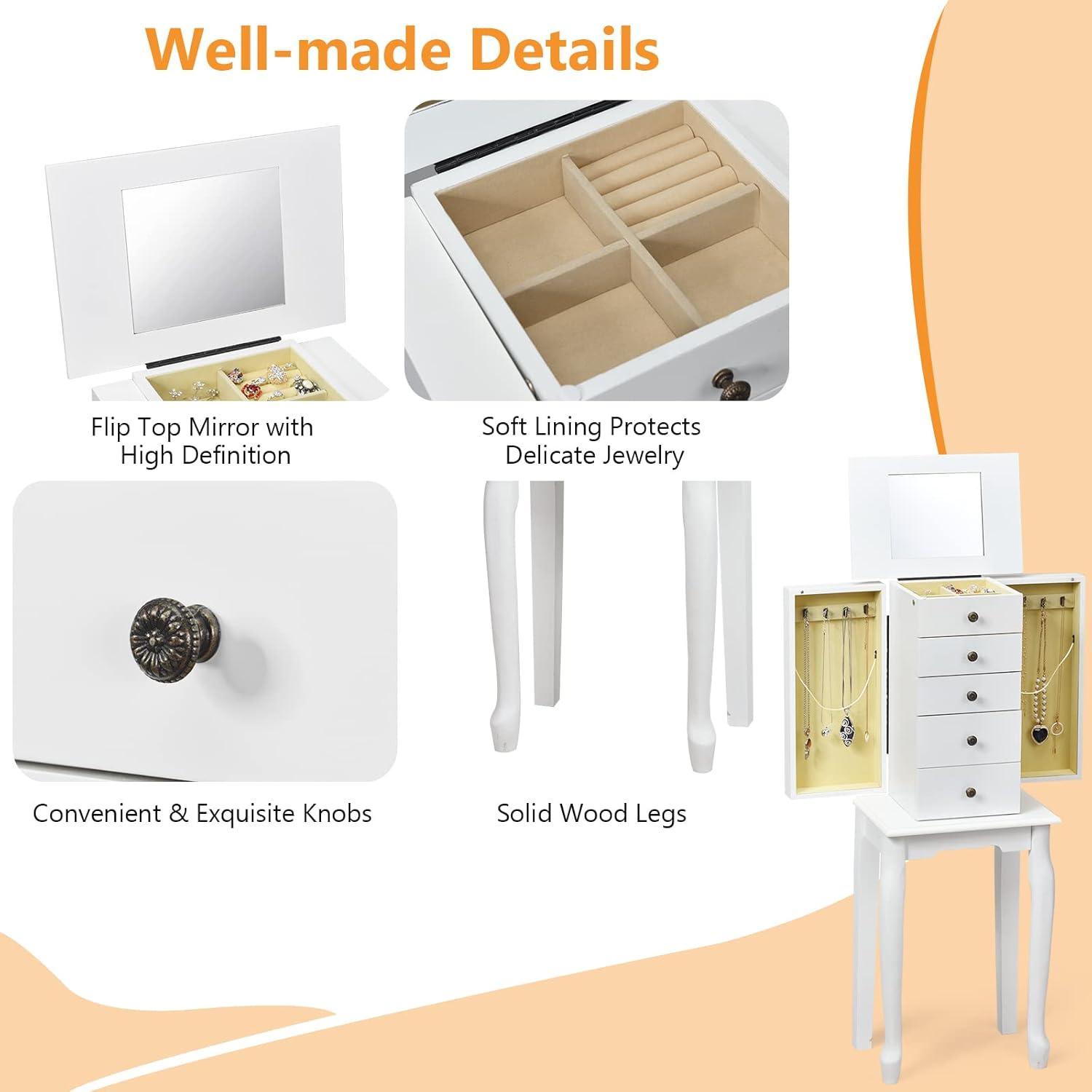 Standing Jewelry Cabinet Armoire with Top Flip Mirror, Jewelry Box Chest with 4 Drawers, Top Compartments, 8 Necklace Hooks and 2 Side Doors, White