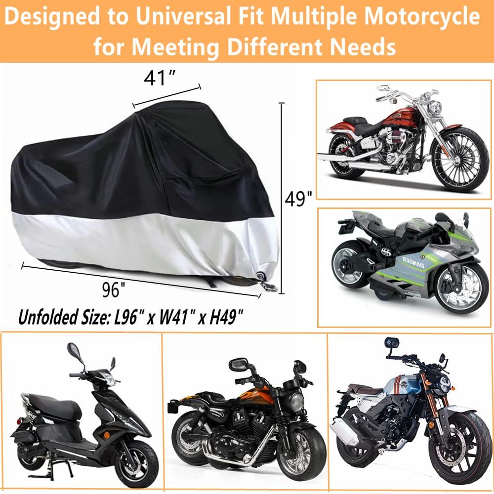 Motorcycle Covers, Outdoor Waterproof Motorbike Covers with Lock-Holes & Storage Bag, Fits up to 96.5" Motorcycles