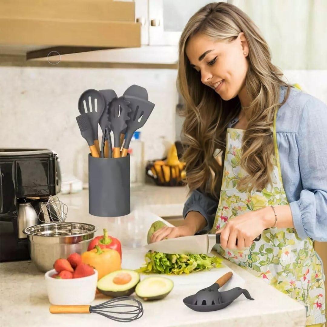 33 Pcs Silicone Kitchen Utensils Set, Khaki Kitchen Cooking Utensils Set with Natural Hard Wood Handle, Silicone Utensils Set with Holder, Heat Resistant, BPA Free, Non Toxic