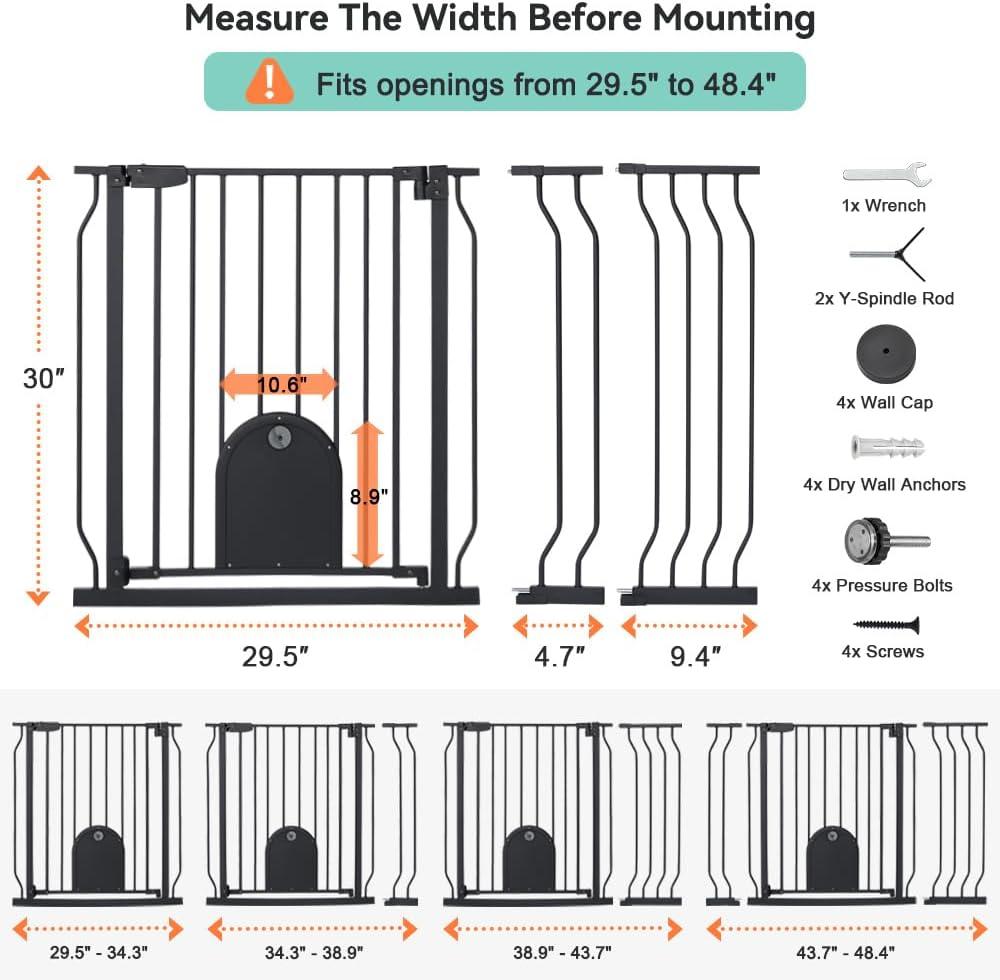 Caveen 29.5-48.4" Wide Pet Safety Gate with Cat Door Pressure Mount, Black