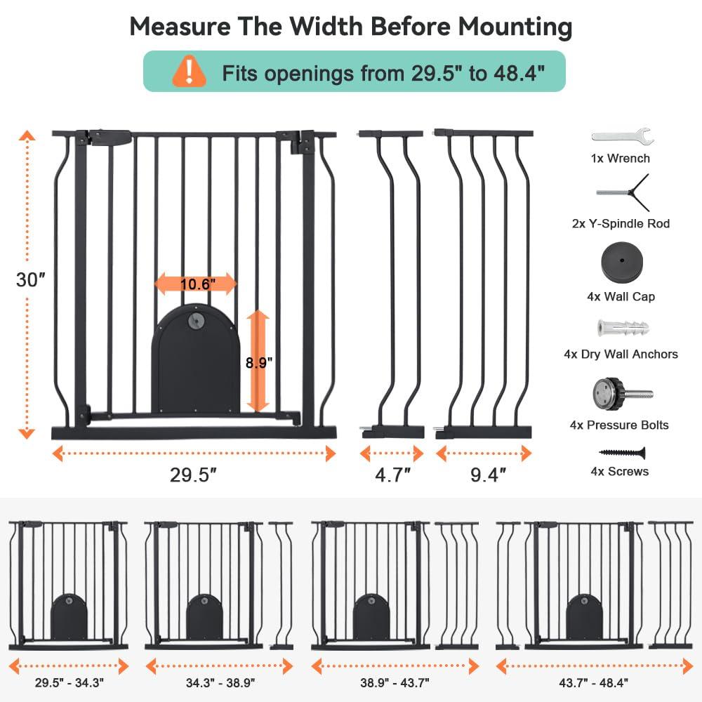 Caveen 29.5-48.4" Wide Pet Safety Gate with Cat Door Pressure Mount, Black