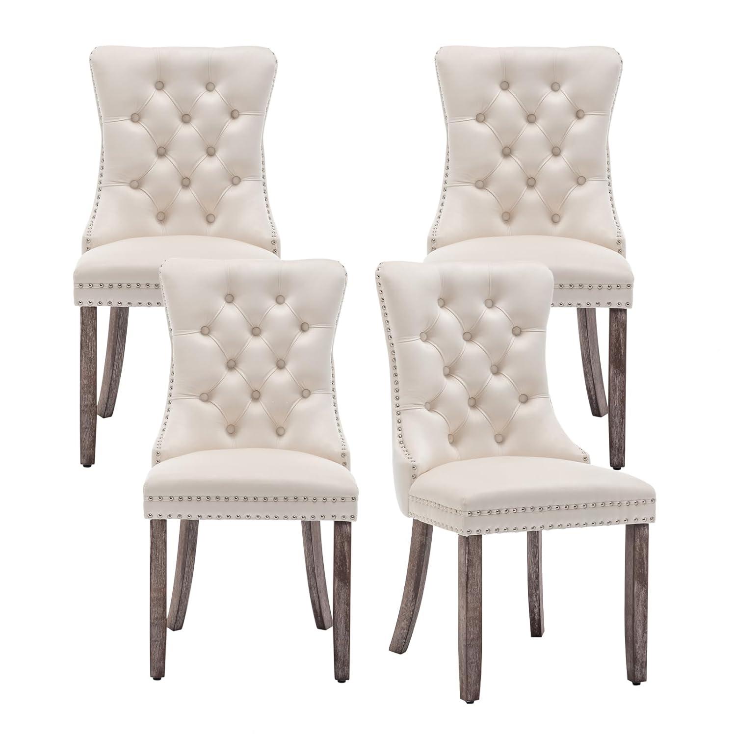 SoarFlash Velvet Dining Chairs Set of 4, Tall Back Side Chair, Modern Upholstered High-end Tufted Side Chair with Button Back Ring, Solid Wood Legs (Beige)
