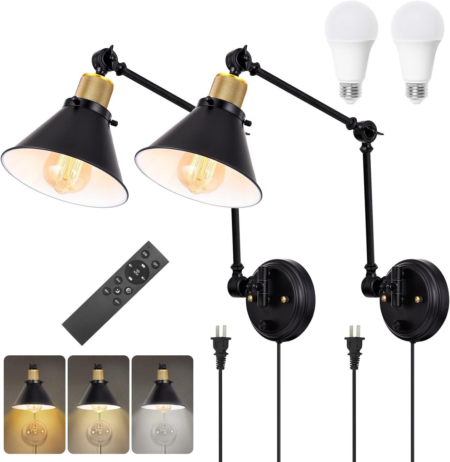 Black and Brass Dimmable Swing Arm Wall Sconce Set