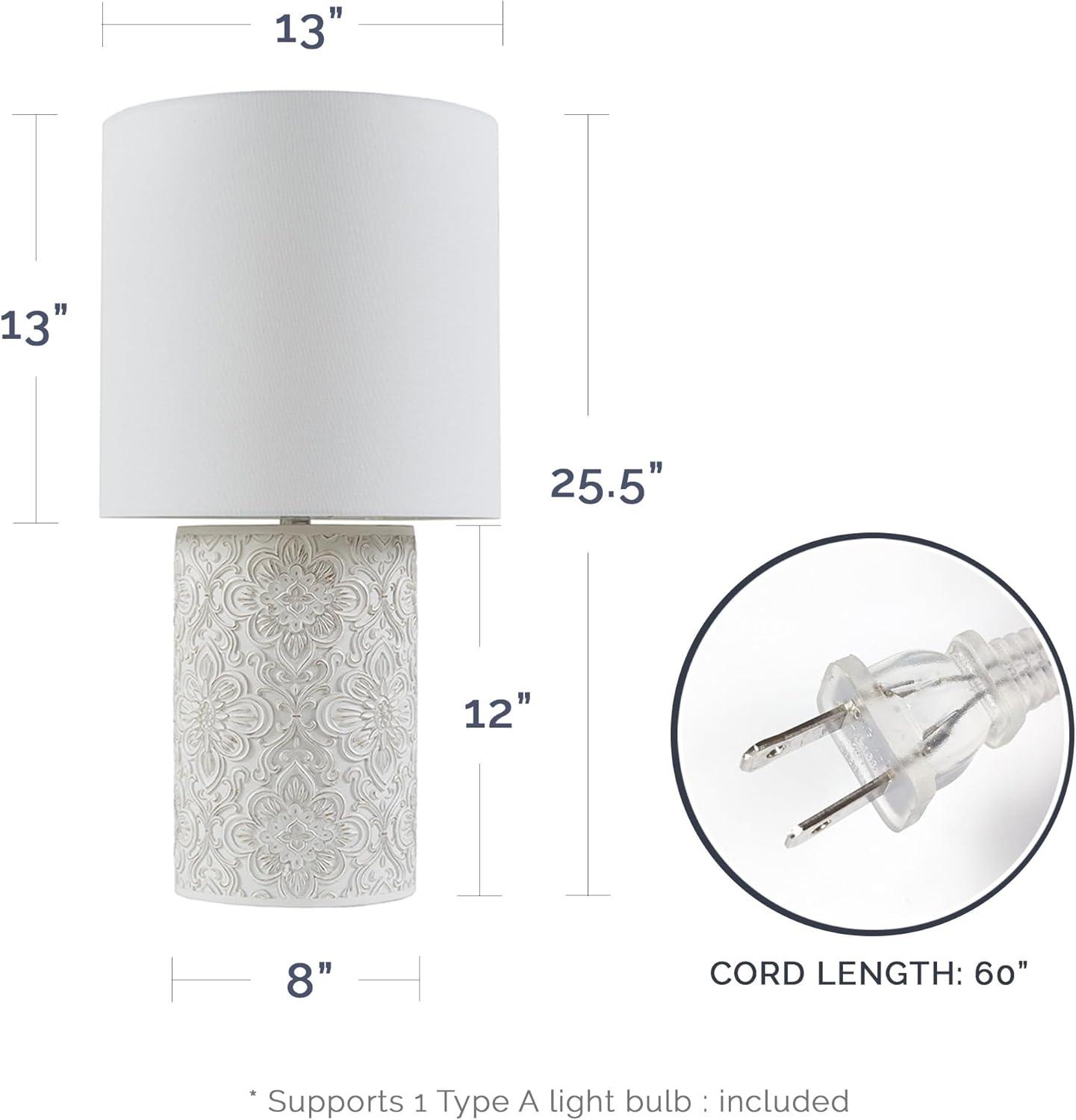 Ink+Ivy Ashbourne Embossed Floral Resin Table Lamp (Includes LED Light Bulb) Ivory : Elegant Nightstand & Decorative Cylinder Shade