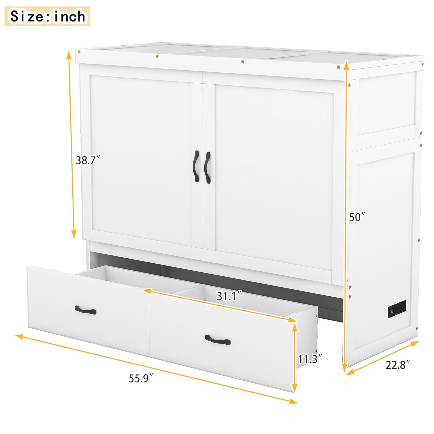 Harper & Bright Designs Full Size Murphy Bed with USB Port and a Large Drawer, Space-Saving Wall Bed for Multipurpose Guest Room or Home Office - White