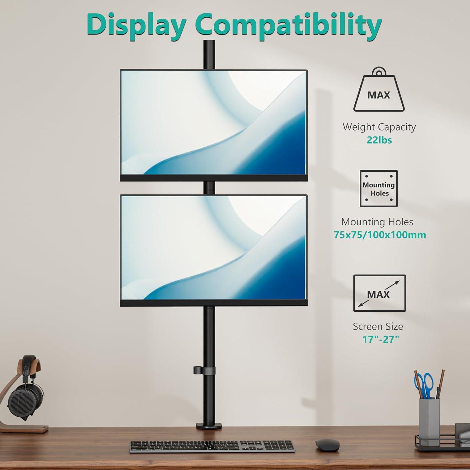 Black Dual Vertical Monitor Desk Mount with Adjustable Arms