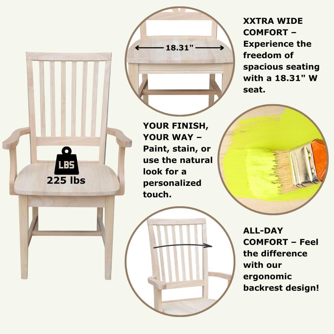 Mission Side Chair with Arms Unfinished - International Concepts: Solid Wood, Slat Back, Kitchen Furniture