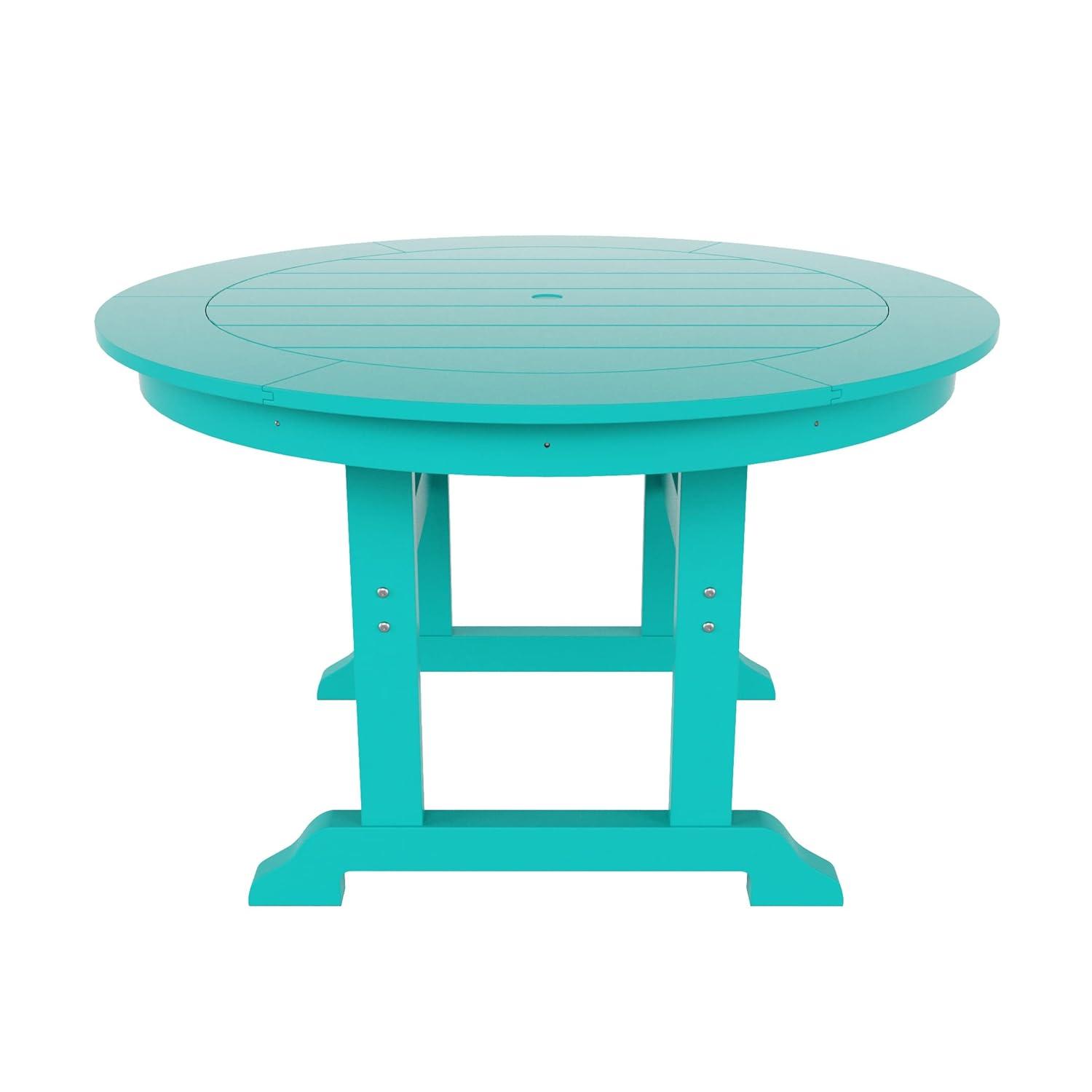 WestinTrends Malibu Patio Dining Table, All Weather Poly Lumber Adirondack 47" Trestle Round Outdoor Table with Umbrella Hole, Turquoise
