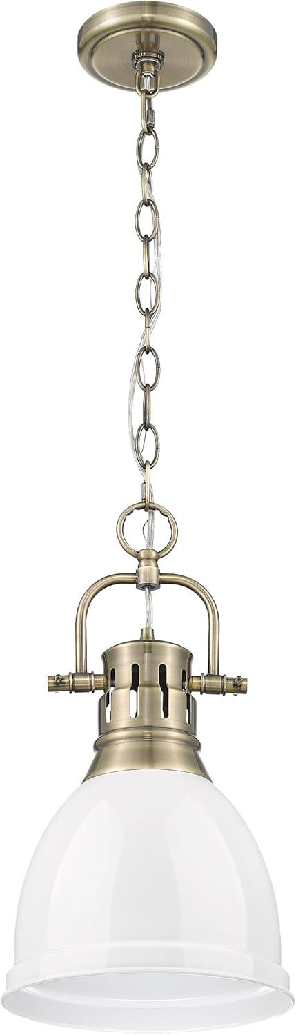 Golden Lighting Duncan 1-Light Small Pendant with Chain in Aged Brass with White
