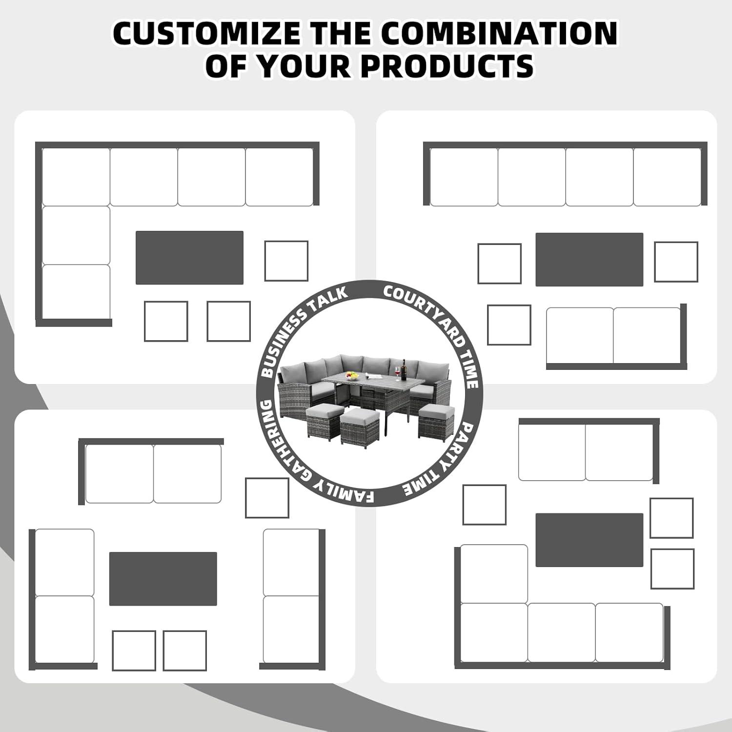 AECOJOY Patio Furniture Set, 7 Pieces Outdoor Patio Furniture with Dining Table&Chair, All Weather Wicker Conversation Set with Ottoman, Grey Rattan&Grey Cushion