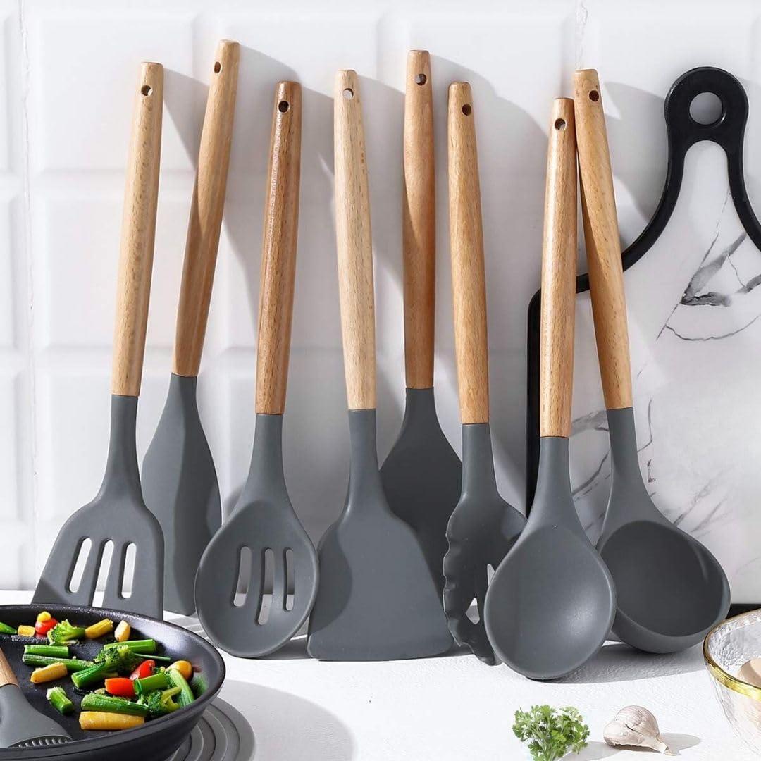 Silicone Cooking Utensils Set, 33 pcs Non-Stick Cooking Kitchen Utensils Set with Holder, Wooden Handle Gadgets Utensil Set (Gray)