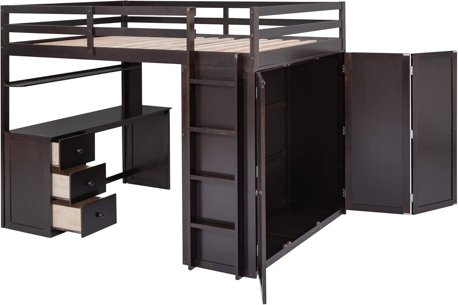 Loft Bed Full Size Adult, Wooden Frame with Desk and Wardrobe, Storage Design with Drawers & Shelf, for Teen Girls & Boys (Gray)