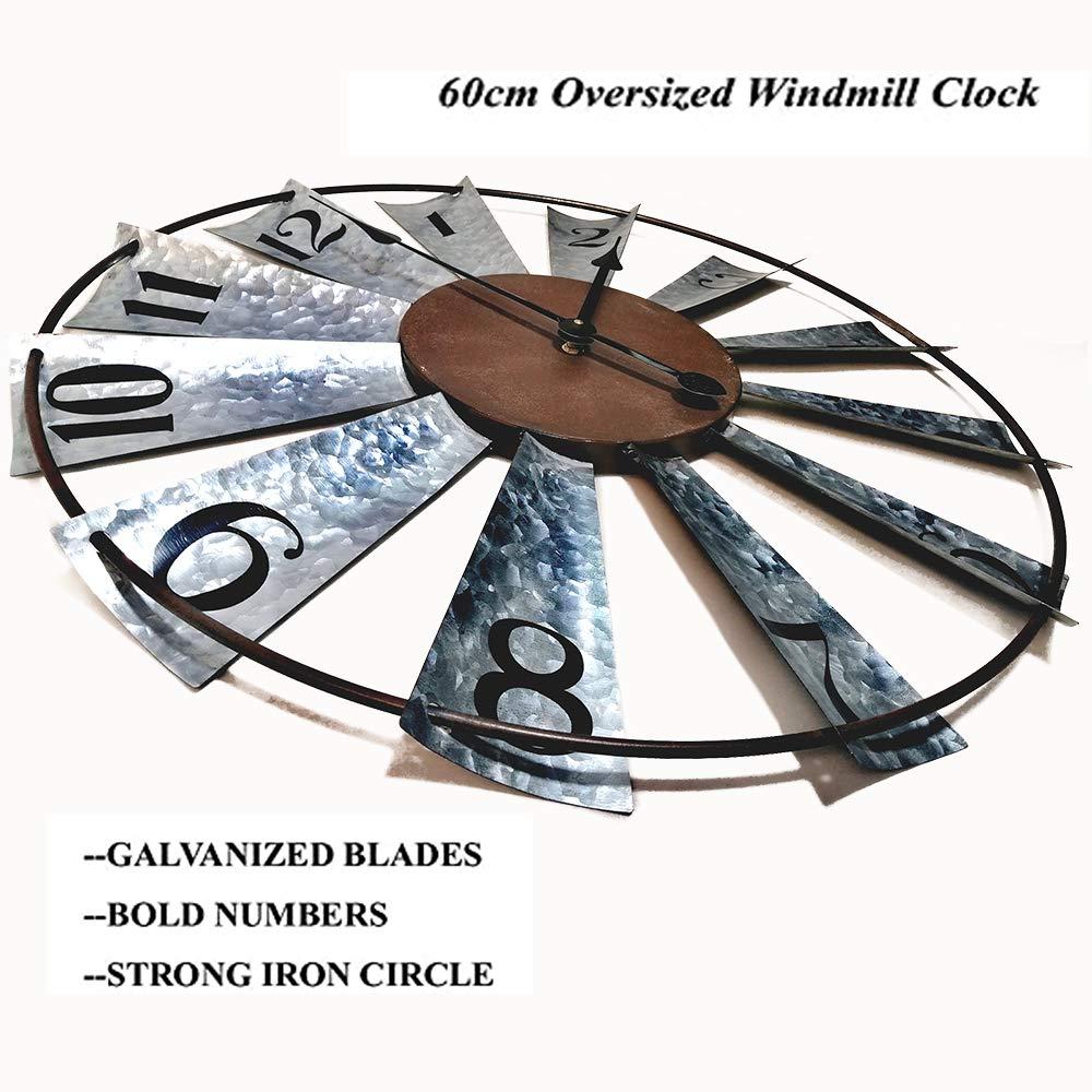 24" Large Farmhouse Decor Wall Clocks Metal Windmill Time Piece Galvanized Silver Analog