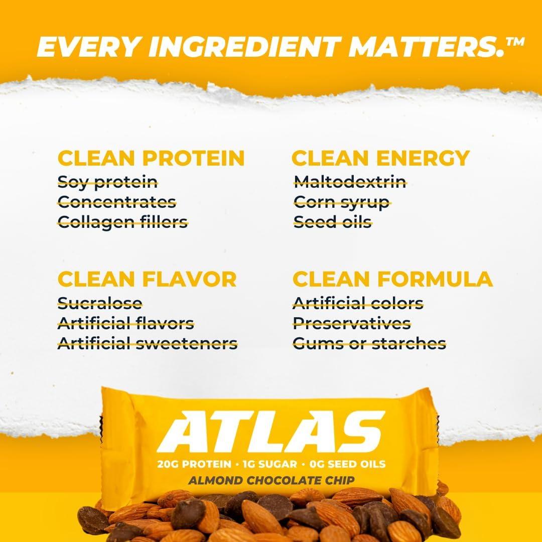Atlas Bar Grass-Fed Whey Protein Bar, Almond Chocolate Chip, 12 Bars, 1.9 oz (54 g) Each