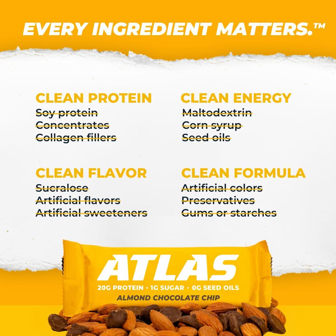 Atlas Bar Grass-Fed Whey Protein Bar, Almond Chocolate Chip, 12 Bars, 1.9 oz (54 g) Each