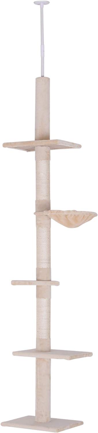 PawHut 9' Adjustable Height Floor-To-Ceiling Vertical Cat Tree - Beige and White