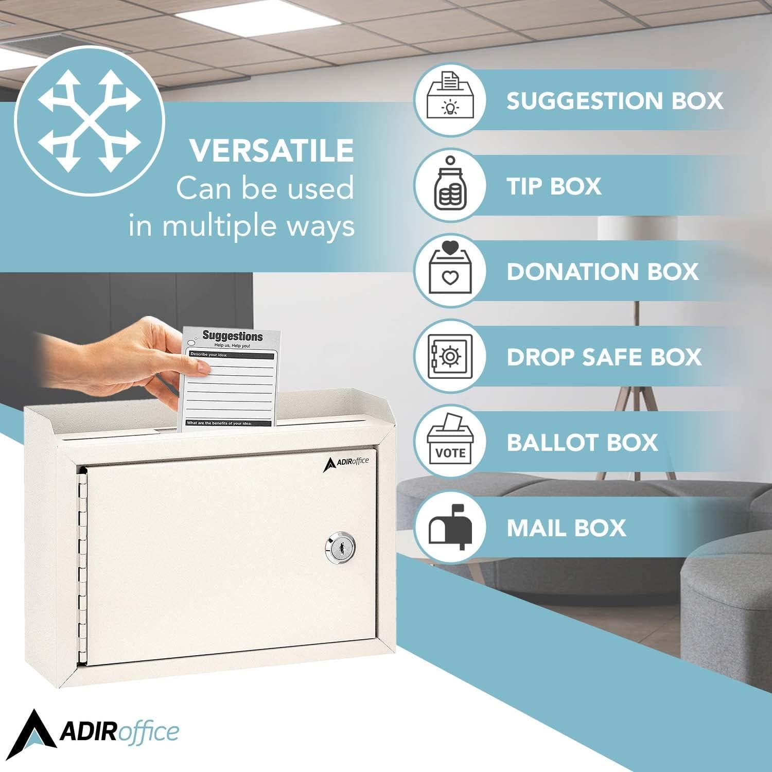 Adir Suggestion Box with Slot and Lock - Drop Box with Lock, Cash Dropbox - 9.8x7.5x3.4 In. Metal Deposit Box in White