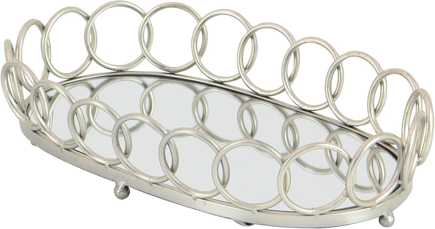 DecMode 22", 18"W Silver Metal Mirrored Geometric Tray with Circle Patterned Sides, 2-Pieces