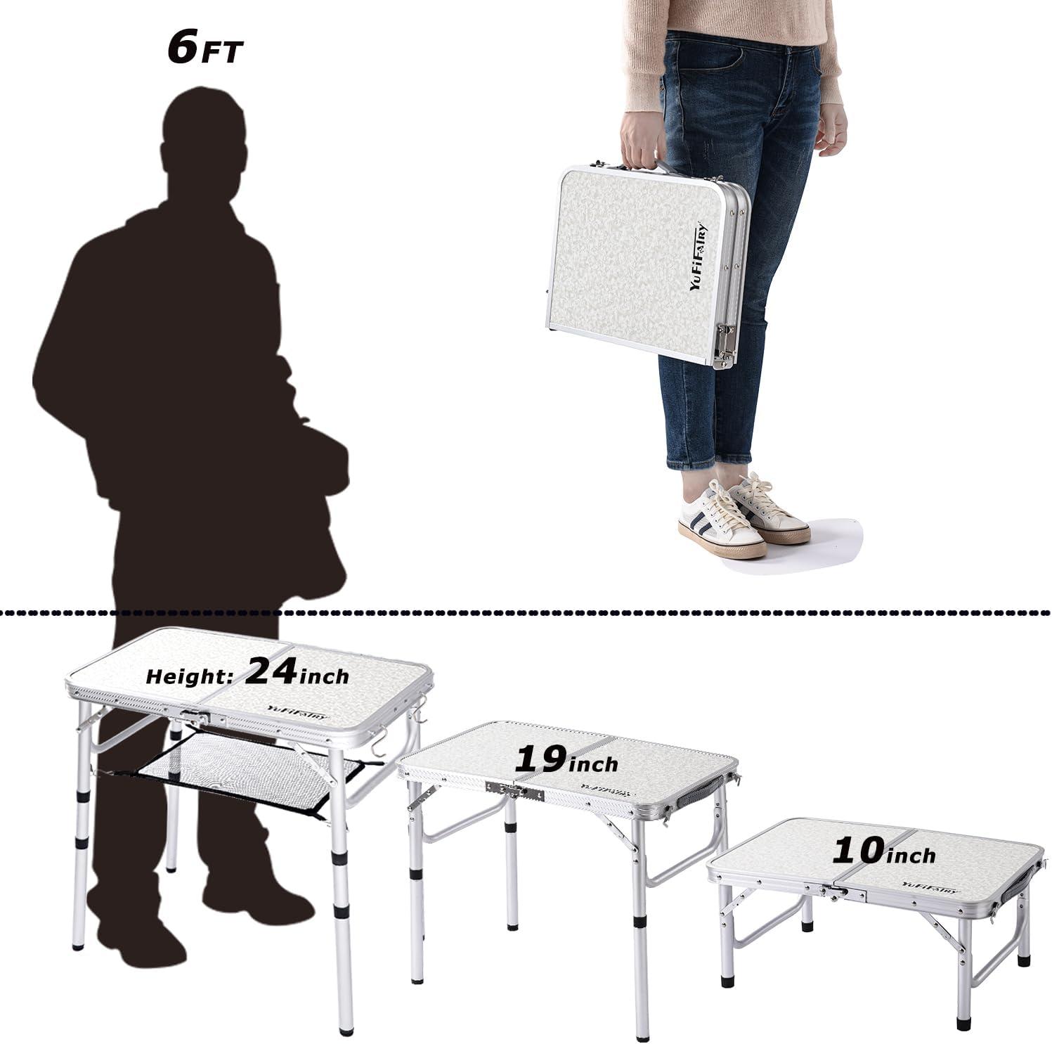 Small Folding Table with Mesh Layer, 3 Adjustable Heights Aluminum Lightweight Portable Folding Table with Extension Legs, Camping Table for RV, Picnic and Indoor