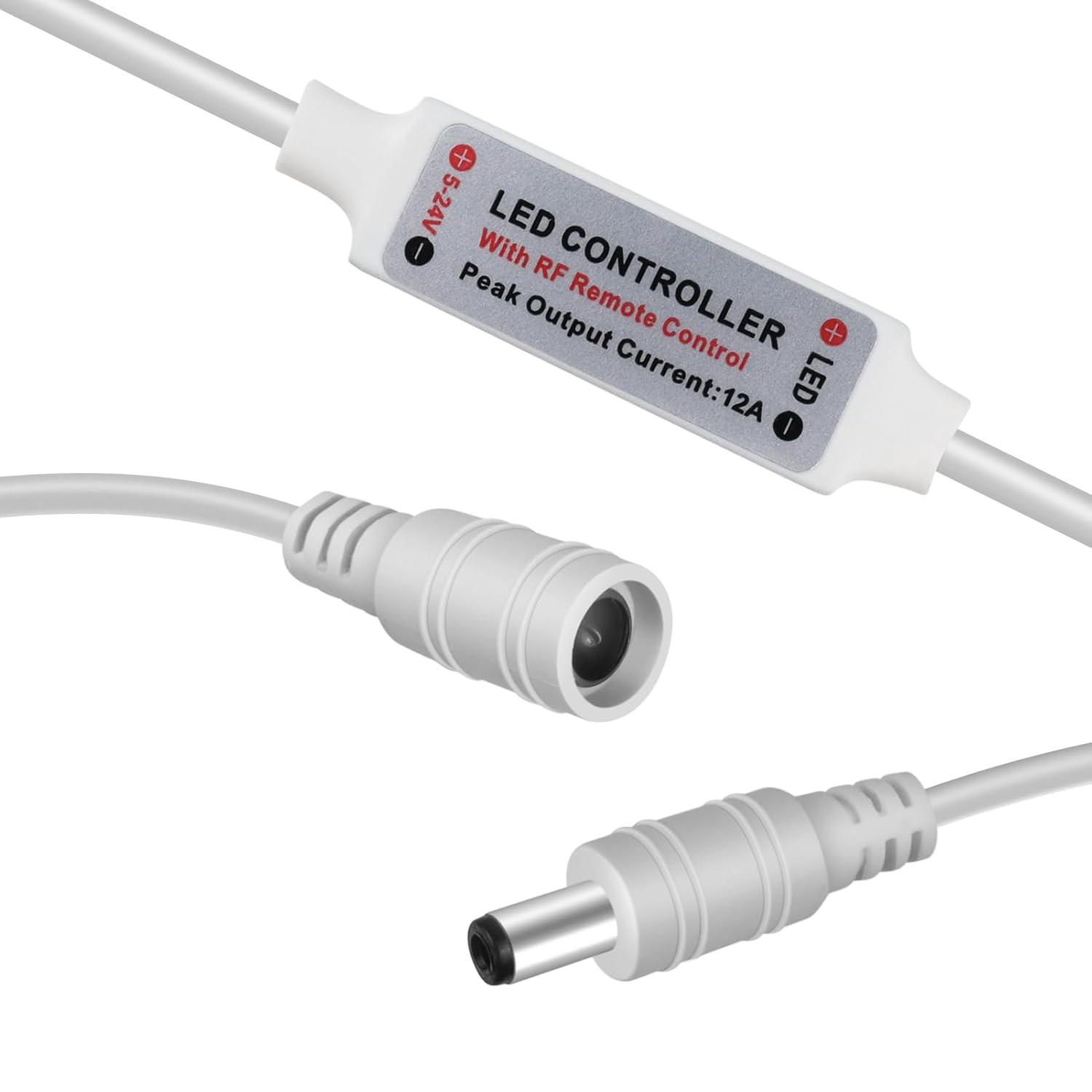 RF Mini Wireless Remote Controller for Single Color 3528 5050 LED Strip Lights, Wireless Remote Control with White DC Connector, RF Dimmer for 12V DC LED Ribbon, Shelf Lights