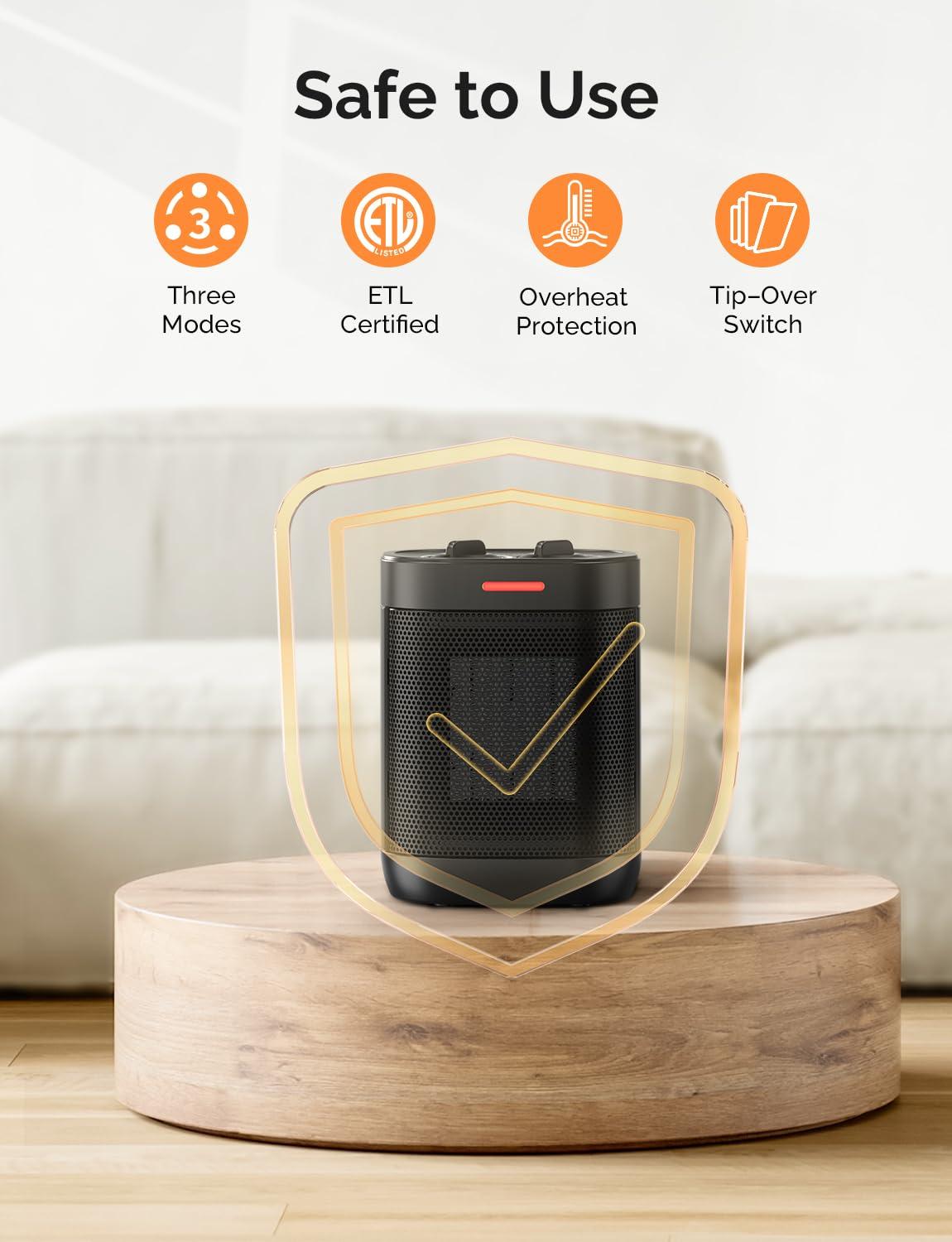 Small Space Heater for Indoor Use, PTC Electric Heater for Bedroom, 1000W Fast Heating with Thermostat, Overheating & Tip-Over Protection, Portable Small Heater