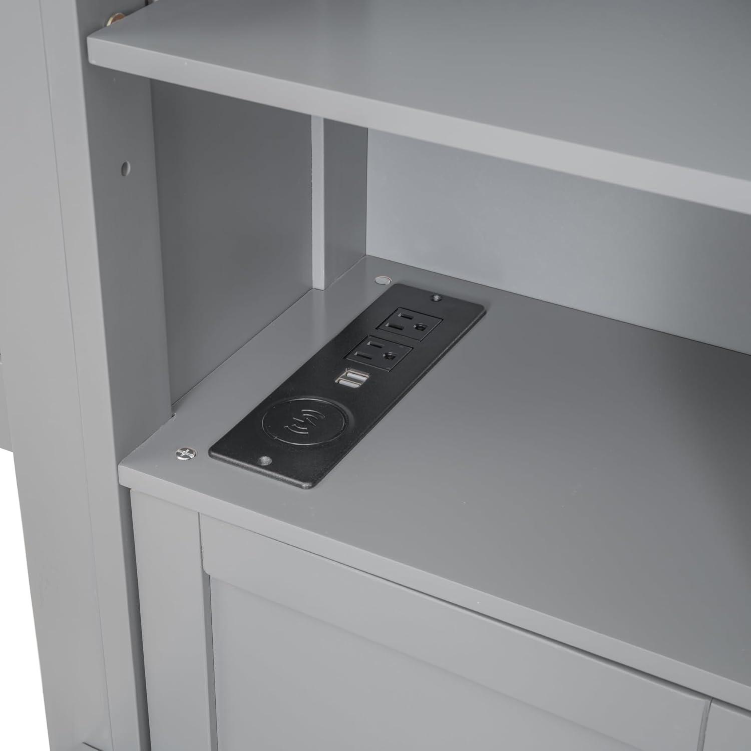 MODERNLUXE Queen Size Bed Frame with Trundle,Solid Wood Platform Bed with 10 Shelves,2 Storage Drawers,4 Cabinets,Charging Station and Bookcase Headboard,No Box Spring Needed/Noise Free,Gray