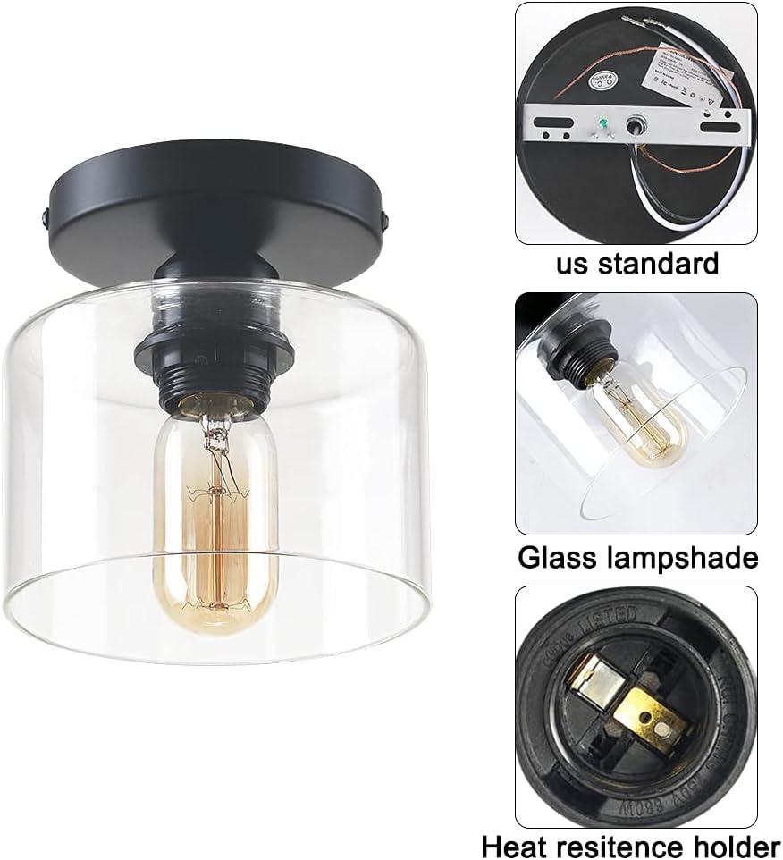 Matte Black Industrial Semi-Flush Mount Ceiling Light with Clear Glass Shade, 2-Pack