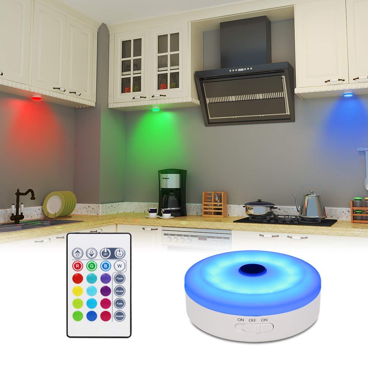 BASON LIGHTING Rechargeable Puck Lights with Remote, Color Changing Lights, Under Cabinet led Lighting, RGB Wireless Light for Kitchen, Closet, Display Case, 2 Pack