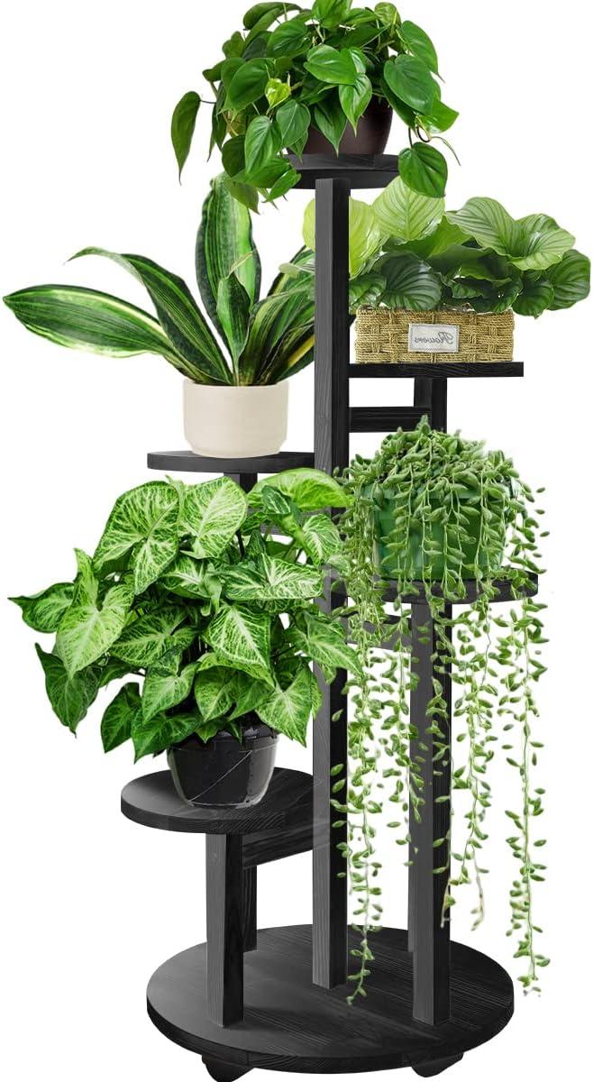 Black 5-Tier Metal and Wood Indoor Plant Stand