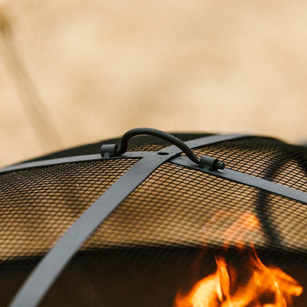 Ash & Ember 32" Hemisphere Fire Pit with Screen and Poker, Cast Iron High-Temperature Black Paint Fire Bowl, Wood Burning Backyard Fireplace, Portable Outdoor Firepit