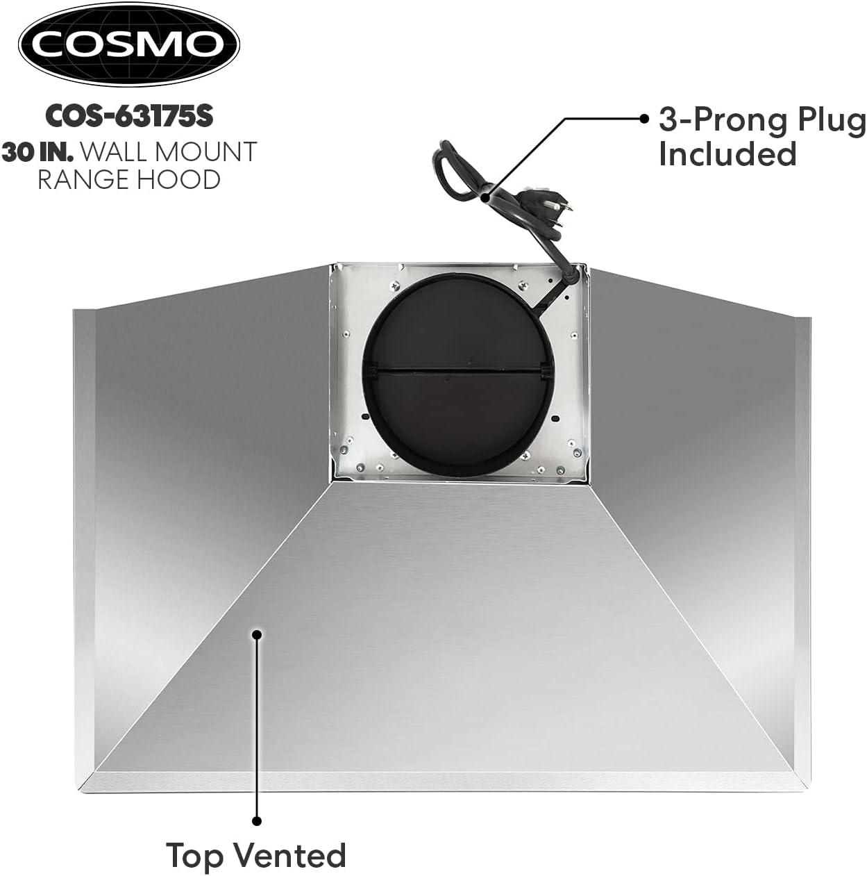 Cosmo 63175S 30 Inch Wall Mount Range Hood w/ Digital Controls, Stainless Steel