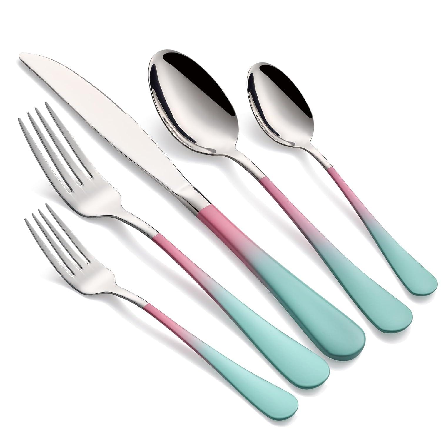20-Pieces color Silverware Sets for 4,Pink and Green Handle Stainless Steel Cutlery Set, Include Forks Spoons and Knives Set, Dishwasher Safe Utensil Sets for Home Restaurant