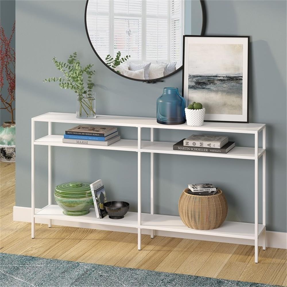 Evelyn&Zoe Sivil 55" Wide Rectangular Console Table with Metal Shelves, Matte White