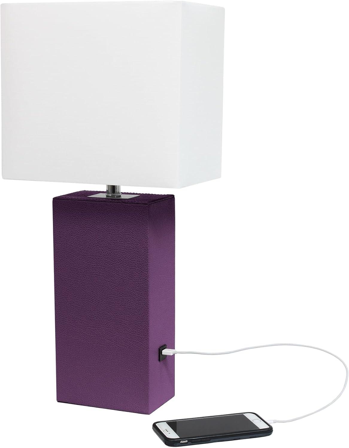 Modern Leather Table Lamp with USB and Fabric Shade - Elegant Designs