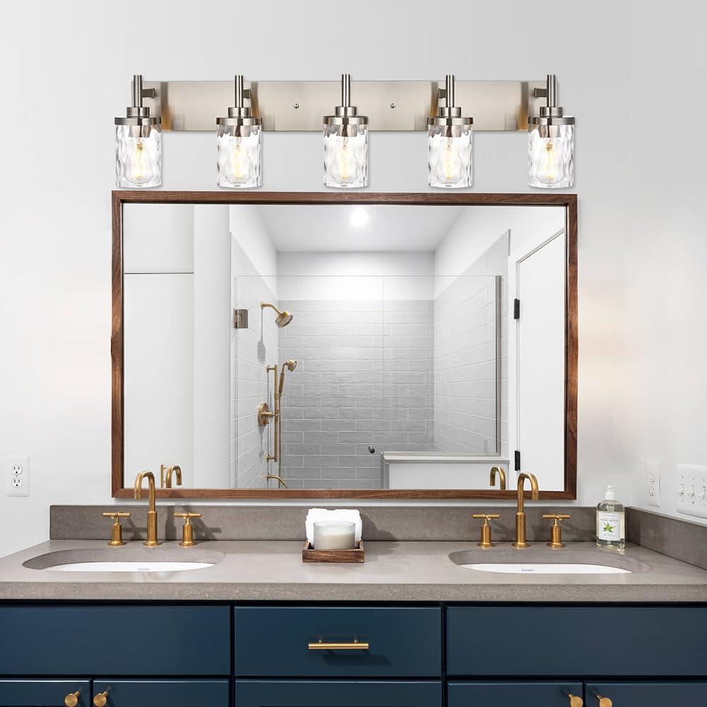 BONLICHT Transitional Vanity Lighting Fixtures Brushed Nickel with Clear Hammered Glass Shade,Farmhouse 5 Light Bathroom Lights Wall Sconces Contemporary Indoor Wall Mount Lights for Kitchen Sink