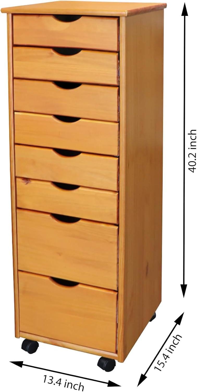 Adeptus Original Roll Cart, Solid Wood, 6+2 Drawer Narrow Roll Cart, Med Pine