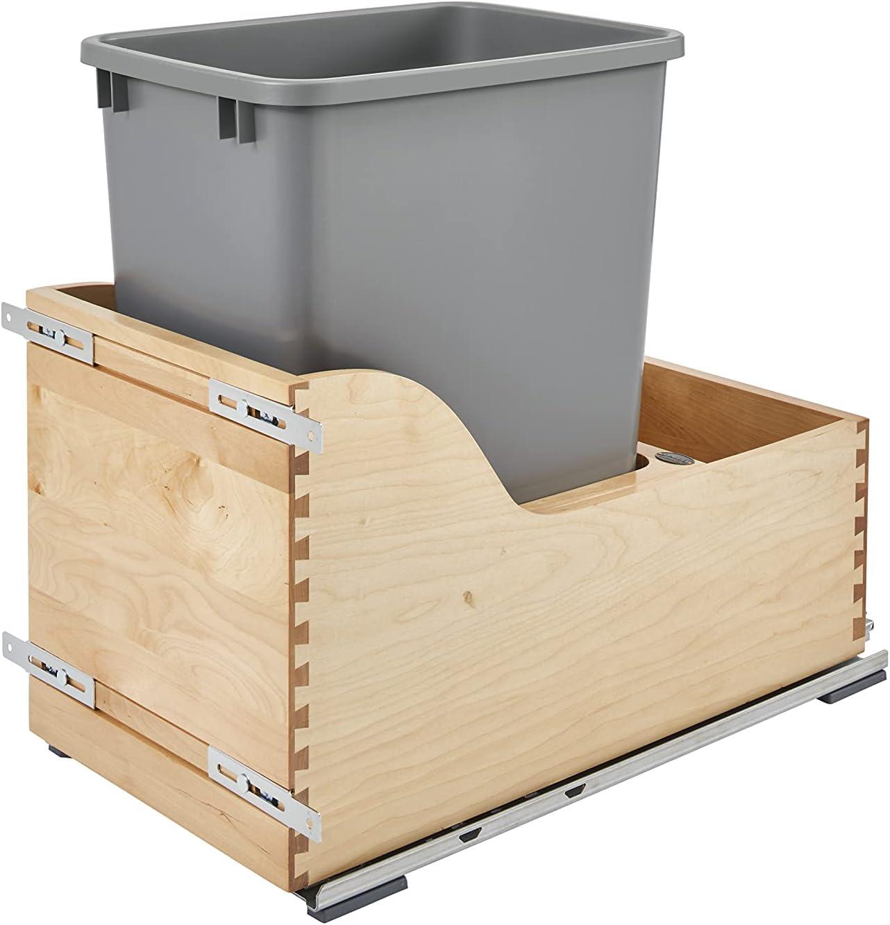 Rev-A-Shelf Pullout Trash Can for Kitchen Cabinets 35 Qt 8.75 Gal Bottom Mounted, Rear Storage, Undermount Soft-Close Slides, Silver, 4WCSC-1535DM-1